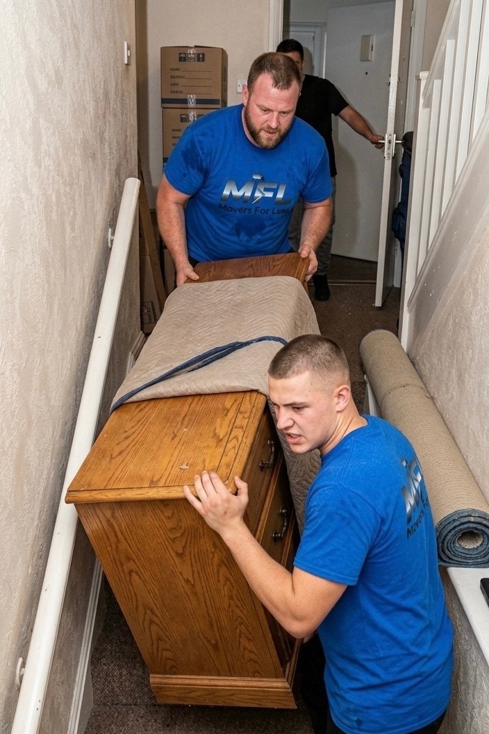 Crew loading a dresser through a hallway